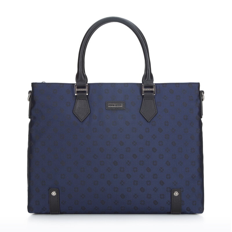 Damska torba na laptopa 12” z żakardu z opaskami ze skóry granatowa 95-4-903-N Damska torba na laptopa 12” z żakardu z opaskami ze skóry granatowa 95-4-903-N