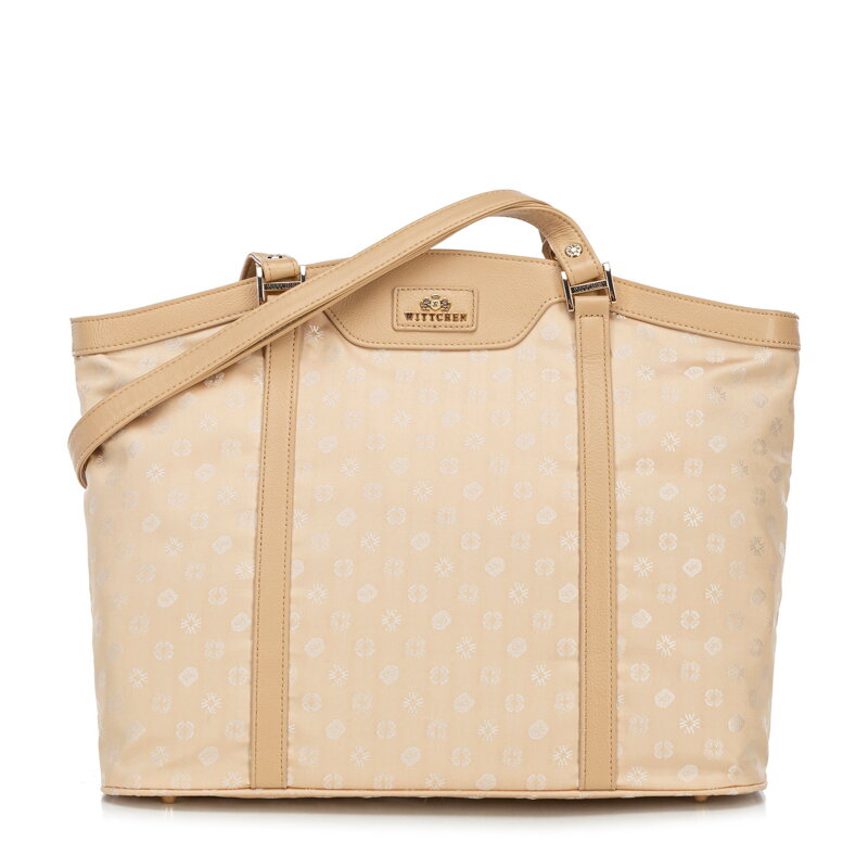 Žakárová a kožená shopper kabelka s monogramami, krémová 98-4E-904-0 Žakárová a kožená shopper kabelka s monogramami, krémová 98-4E-904-0