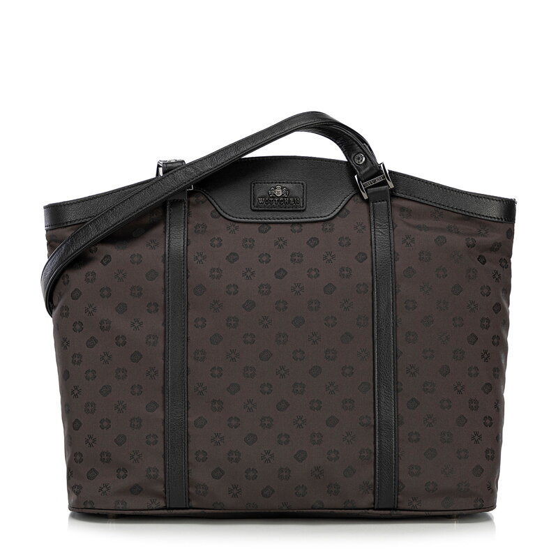 Žakárová a kožená shopper kabelka s monogramami, hnedá 98-4E-904-4 Žakárová a kožená shopper kabelka s monogramami, hnedá 98-4E-904-4