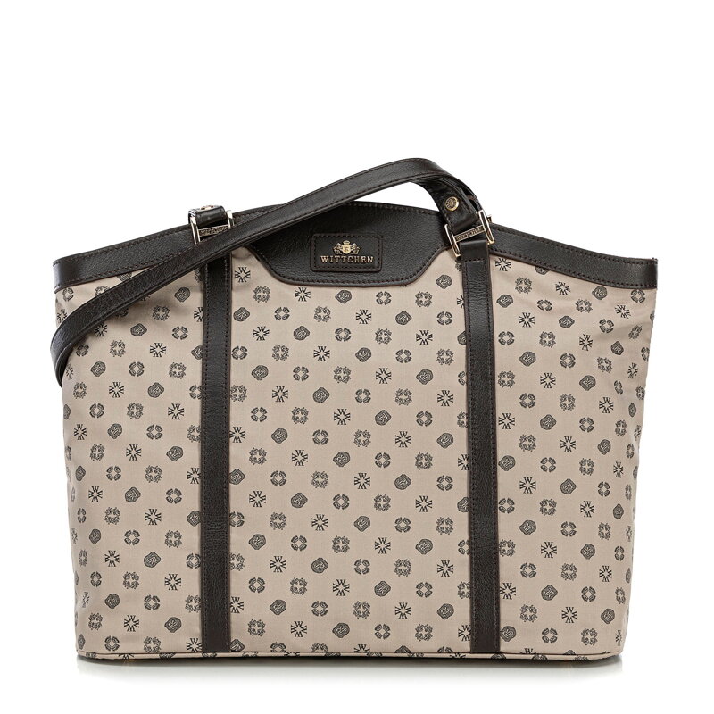 Žakárová a kožená shopper kabelka s monogramami, béžová 98-4E-904-8 Žakárová a kožená shopper kabelka s monogramami, béžová 98-4E-904-8