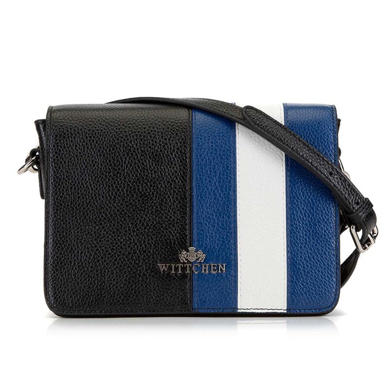 Damska listonoszka skórzana z paskami na klapie czarno-granatowa 90-4E-363-1N