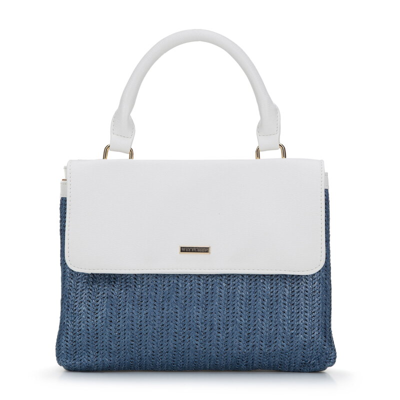 Torebka dwukomorowa z plecionką i klapą z ekoskóry biało-niebieska 94-4Y-215-N