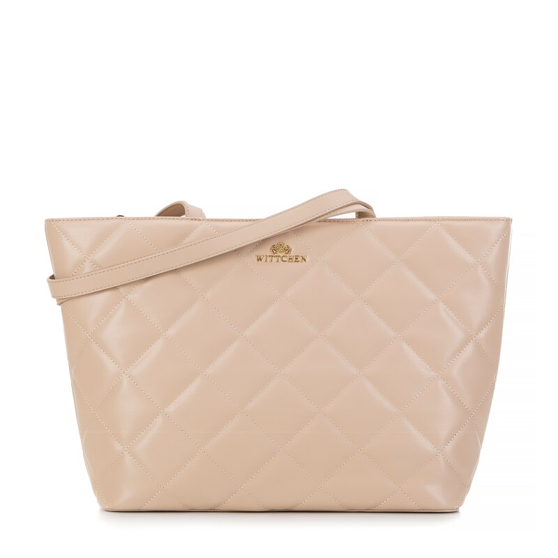 Dámska kožená shopper kabelka lichobežníkového tvaru s kosoštvorcom, béžová 99-4E-604-9 Dámska kožená shopper kabelka lichobežníkového tvaru s kosoštvorcom, béžová 99-4E-604-9