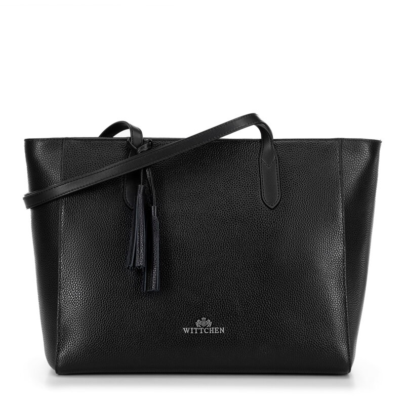 Torebka shopper ze skóry z chwostem czarno - srebrna 100-4E-610-1S Torebka shopper ze skóry z chwostem czarno - srebrna 100-4E-610-1S