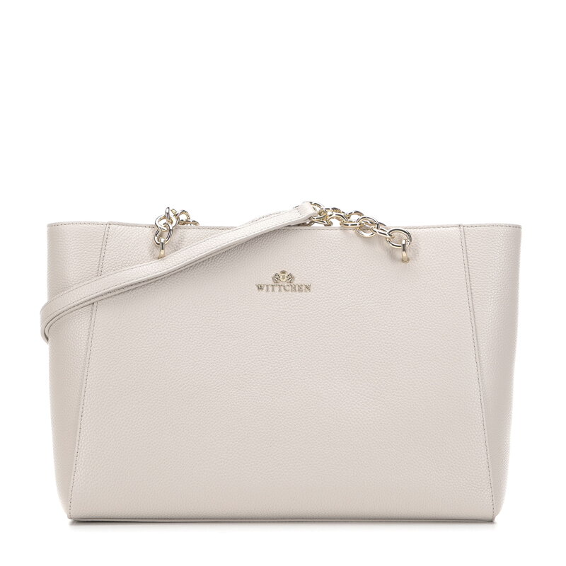 Torebka shopperka skórzana z łańcuszkami duża kremowo-złota 98-4E-610-0G