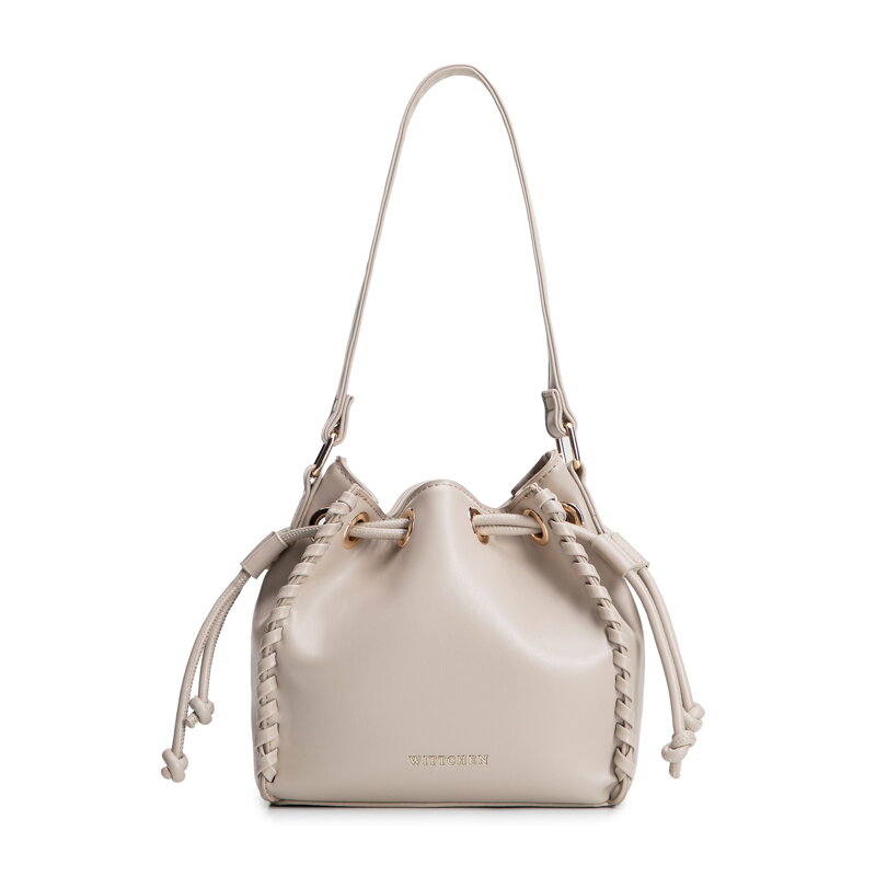 Torebka worek z imitacji skóry z dekoracyjną plecionką jasny beż 101-4Y-402-9