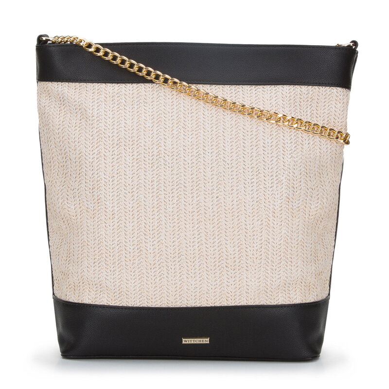Torebka worek z plecionką na łańcuszku kremowo-czarna 94-4Y-217-0