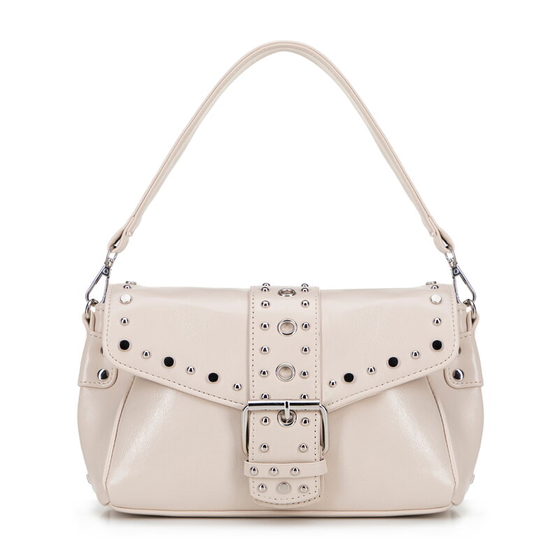 Damska crossbody z ekoskóry w dekoracyjne nity kremowa 100-4Y-207-0