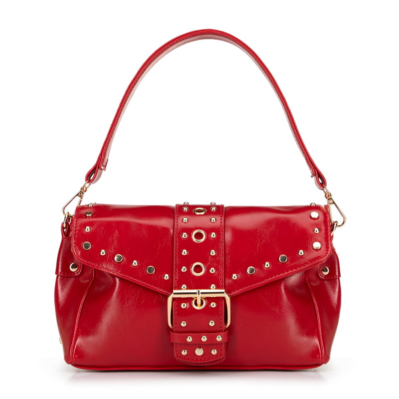 Damska crossbody z ekoskóry w dekoracyjne nity czerwona 100-4Y-207-3 Damska crossbody z ekoskóry w dekoracyjne nity czerwona 100-4Y-207-3