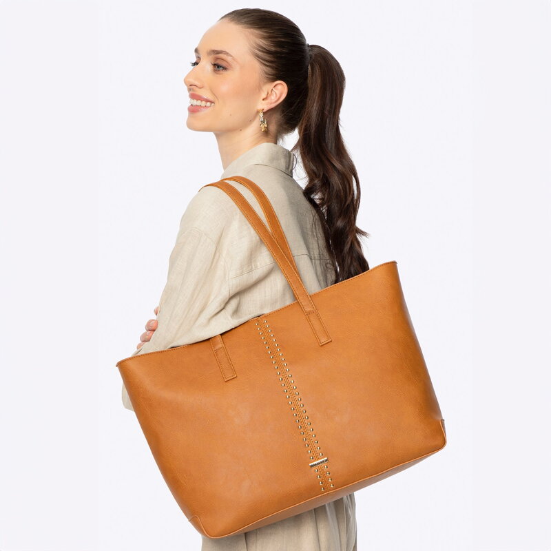 Dámska shopper kabelka z imitácie kože s nitmi, hnedá 100-4Y-209-5 Dámska shopper kabelka z imitácie kože s nitmi, hnedá 100-4Y-209-5