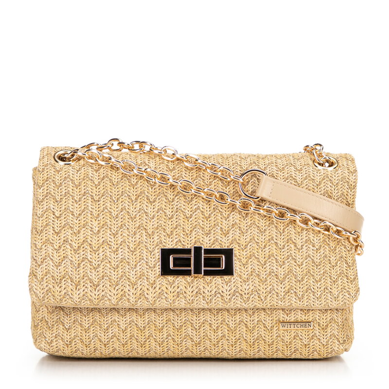 Dámska zapletená crossbody kabelka na retiazke, béžovo-zlatá 100-4Y-414-99 Dámska zapletená crossbody kabelka na retiazke, béžovo-zlatá 100-4Y-414-99