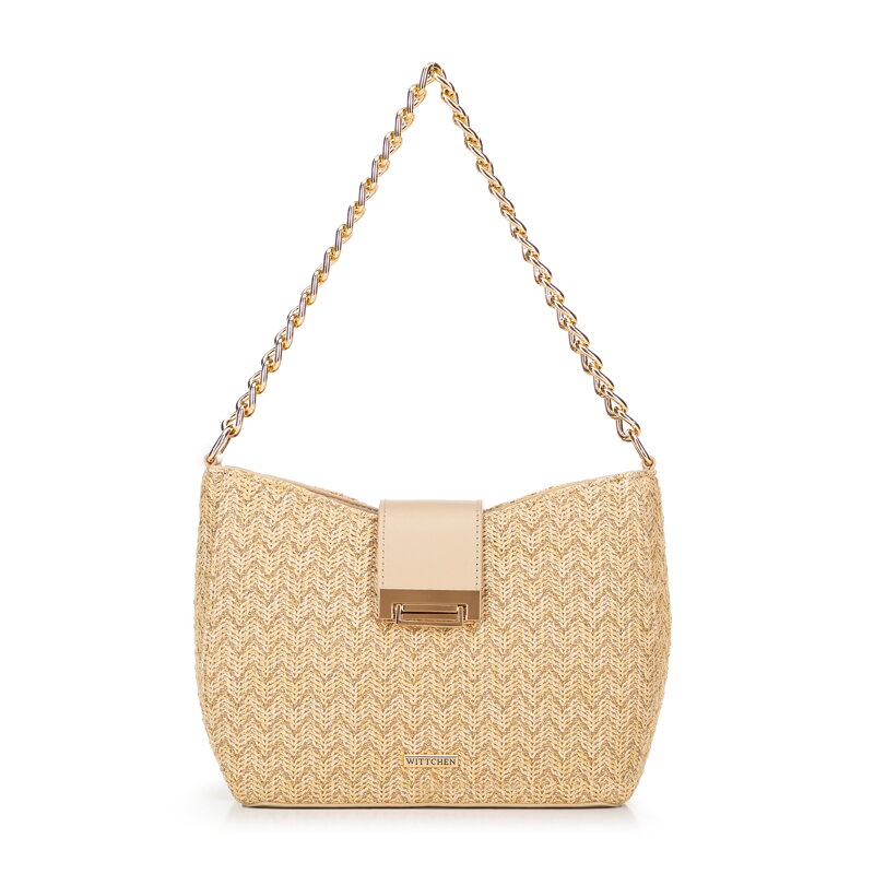 Damska torebka crossbody pleciona beżowo - złota 100-4Y-415-99 Damska torebka crossbody pleciona beżowo - złota 100-4Y-415-99