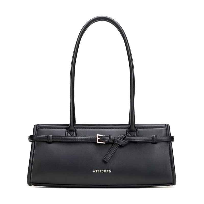 Torebka damska typu bagietka z ekoskóry z dekoracyjnym paskiem czarna 102-4Y-414-1