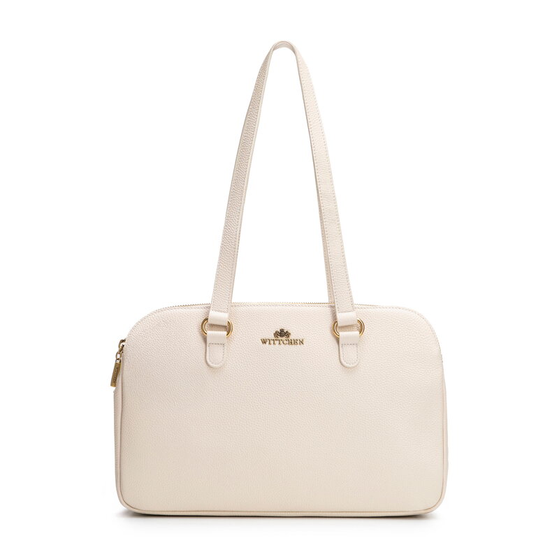 Trójkomorowa damska shopperka ze skóry naturalnej kremowa 102-4E-622-0