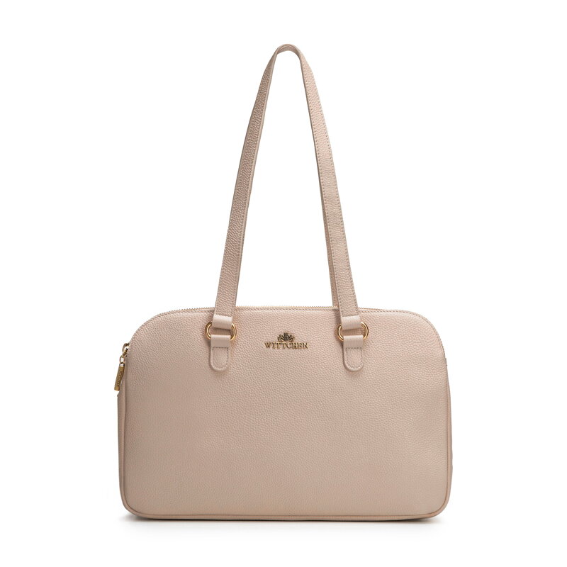 Trójkomorowa damska shopperka ze skóry naturalnej beżowa 102-4E-622-9