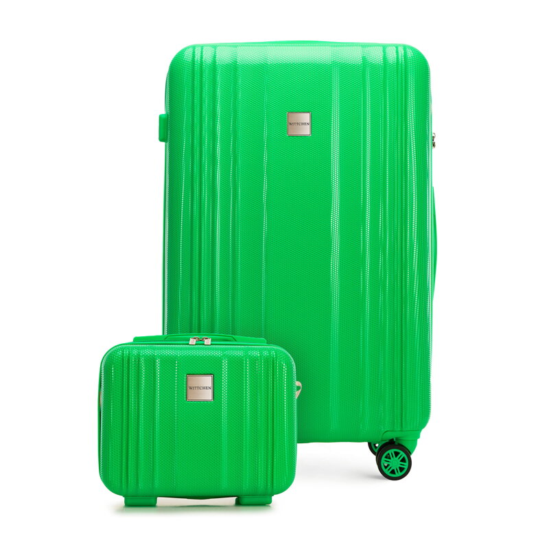 Duża walizka i kosmetyczka z polikarbonu tłoczone zielone 56-3P-303-85K