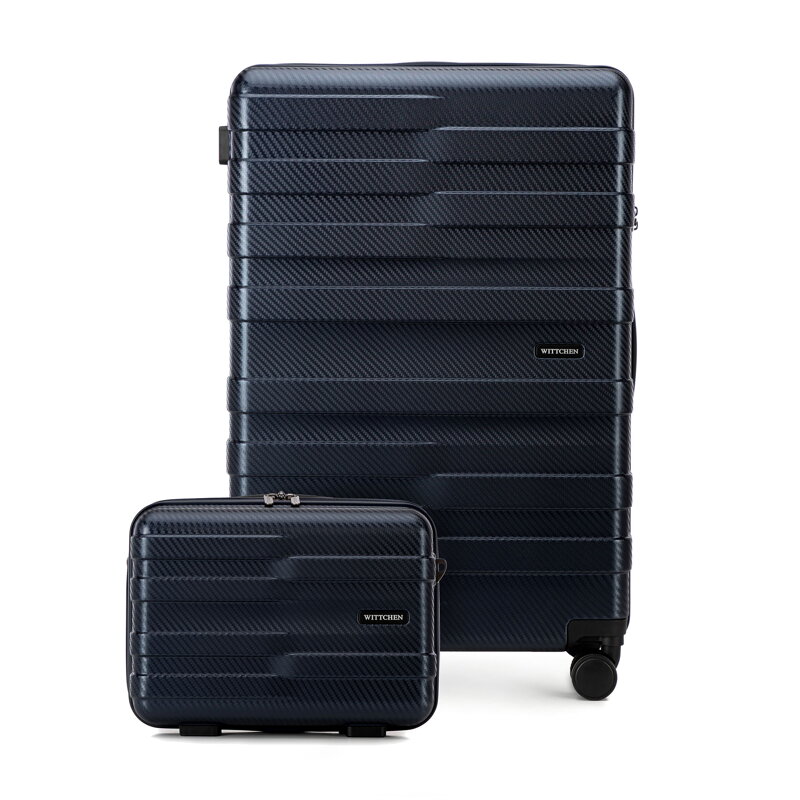 Duża walizka i kosmetyczka z polikarbonu w poziome pasy granatowe 56-3P-583-90K