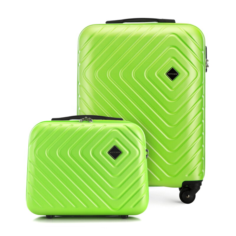 Walizka kabinowa i kosmetyczka z ABS-u z geometrycznym tłoczeniem limonkowe 56-3A-751-86K