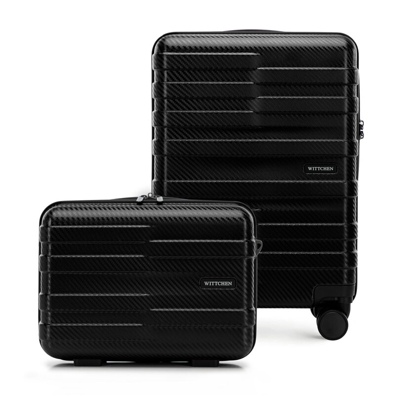 Walizka kabinowa i kosmetyczka z polikarbonu w poziome pasy czarne 56-3P-581-10K