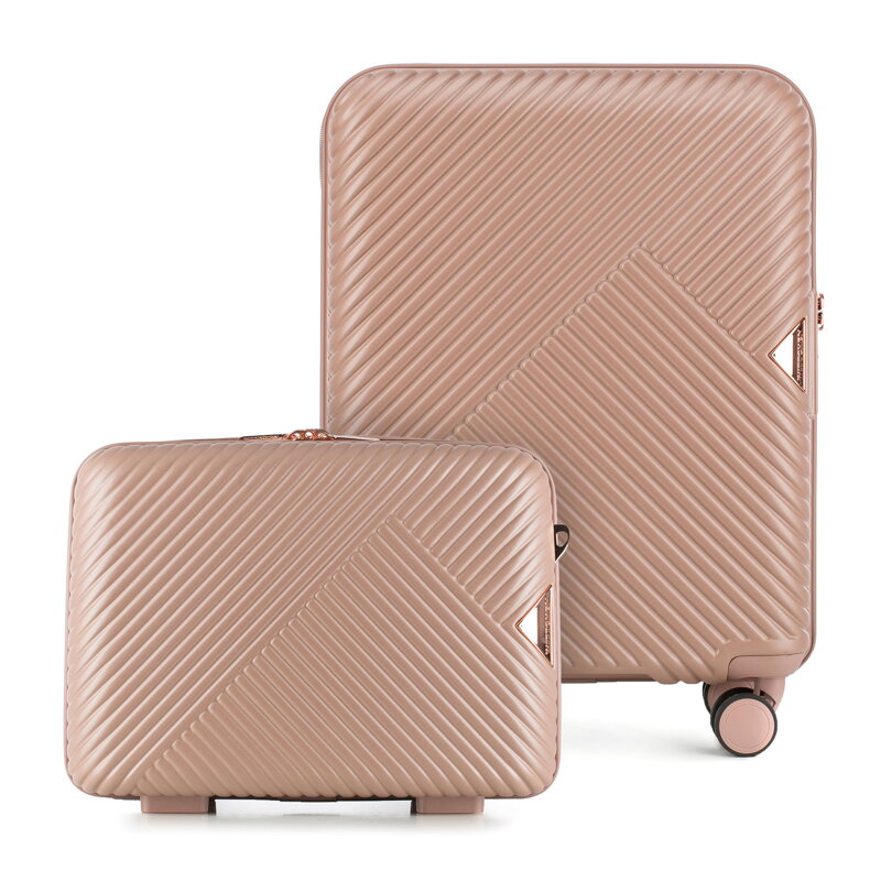 Walizka kabinowa i kosmetyczka z polikarbonu w paseczki pudrowy róż 56-3P-841-77K