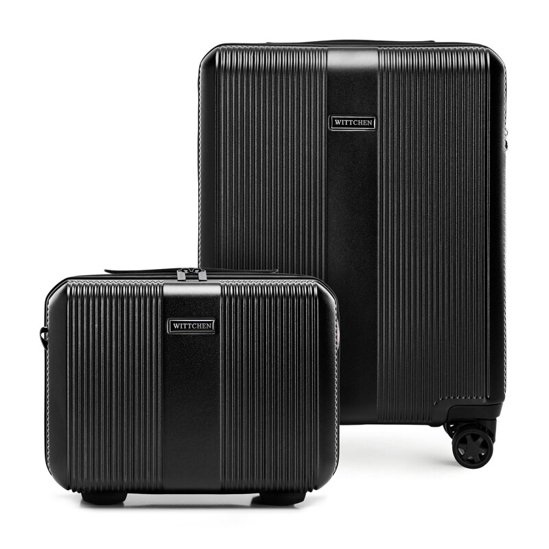 Walizka kabinowa i kosmetyczka z polikarbonu w pionowe tłoczenia czarne 56-3P-901-11K