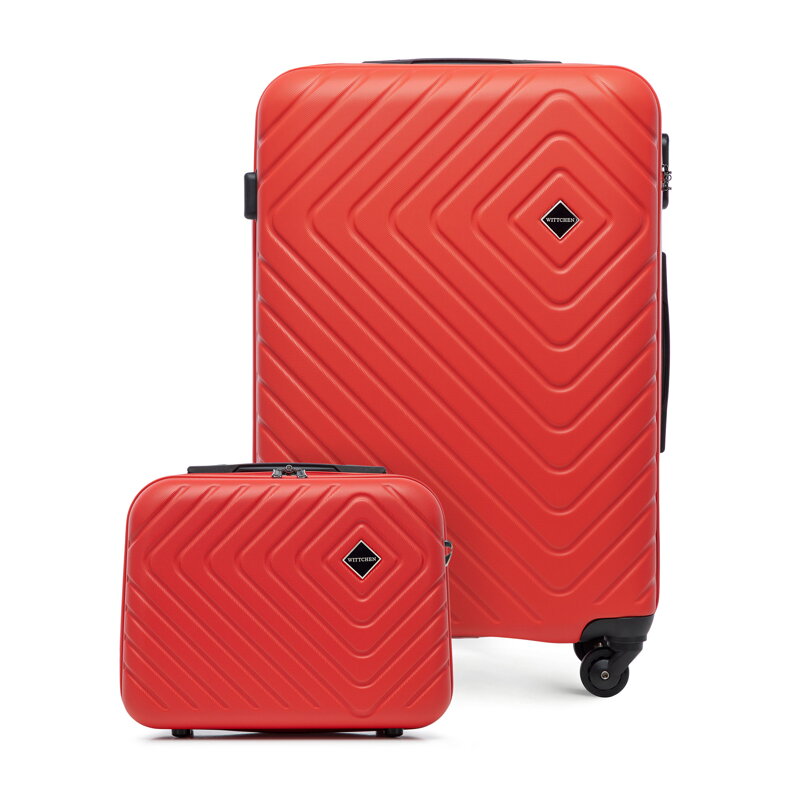 Średnia walizka i kosmetyczka z ABS-u z geometrycznym tłoczeniem czerwone 56-3A-752-30K