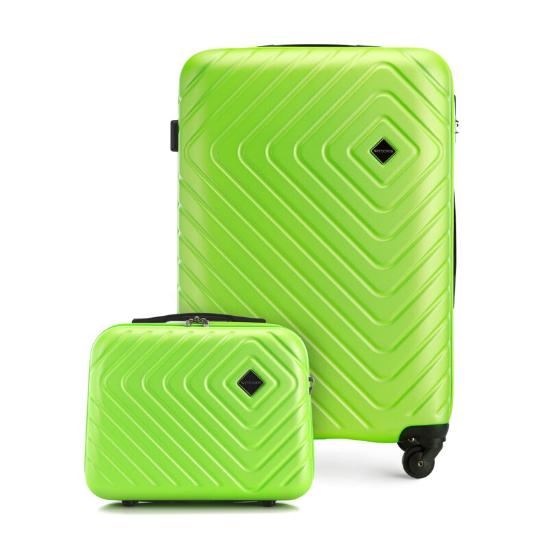 Średnia walizka i kosmetyczka z ABS-u z geometrycznym tłoczeniem limonkowe 56-3A-752-86K