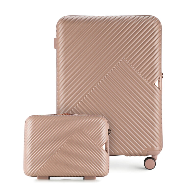 Średnia walizka i kosmetyczka z polikarbonu w paseczki pudrowy róż 56-3P-842-77K