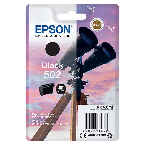 Epson originál ink C13T02V14020, T02V140, 502, black, 210str., 4.6ml, Epson XP-5100, XP-5105, WF-2880dwf, WF2865dwf, čierna