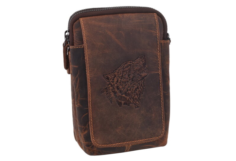 Kožené puzdro na opasok tmavohnedé embos vlk 250887