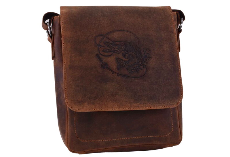 Pánske kožené crossbody tmavohnedý hunter embos šťuka s udicou 250909